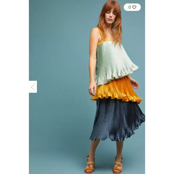 Guapa Anthropologie Dress Small Pleated Colorblock Midi Asymmetrical Tiered Boho - Picture 2 of 14